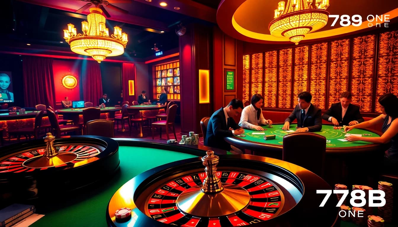 Players strategizing bets at a luxurious casino table featuring 789B ONE branding.