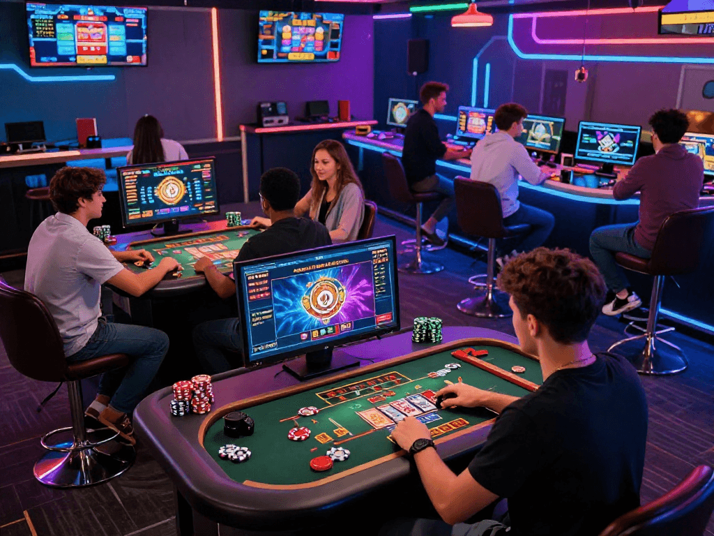 Engaging crypto casino gaming scene with players enjoying vibrant digital gameplay on advanced interfaces.
