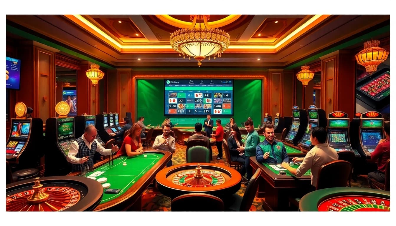 Excited gamblers placing bets at https://32wingroup.com/ with luxurious Casino atmosphere.