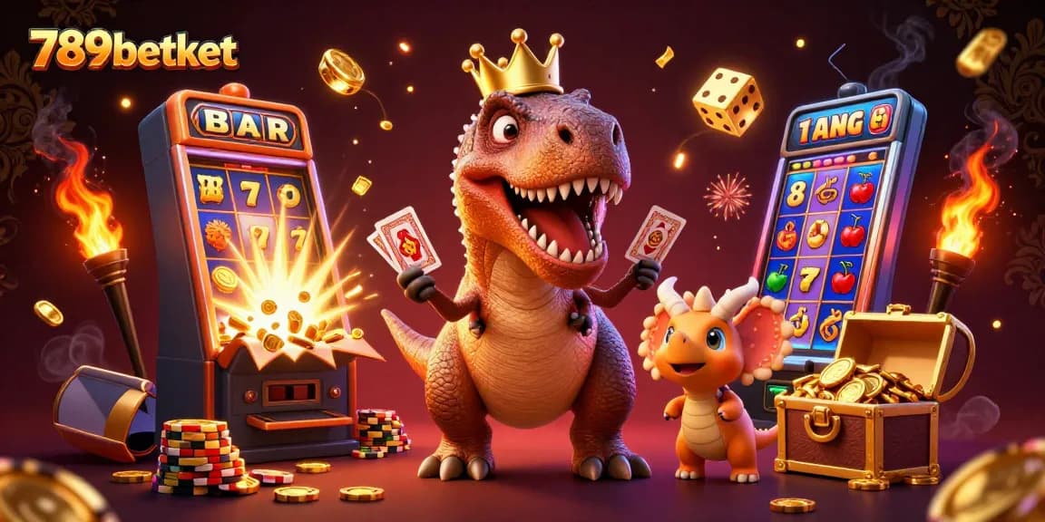 Join the fun with 789betket as a T-Rex and friends shuffle cards in a vibrant casino scene.