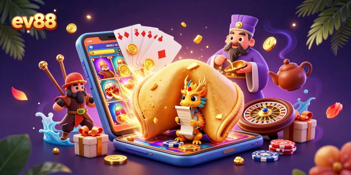 ev88 players enjoying vibrant slot games, surrounded by dynamic casino elements and golden riches.
