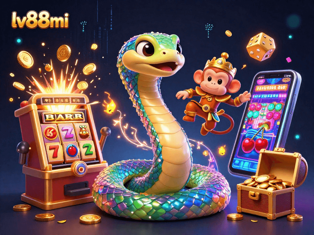 Experience thrilling moments with lv88mi in this vibrant casino scene, featuring a colorful slot explosion and enchanting characters.