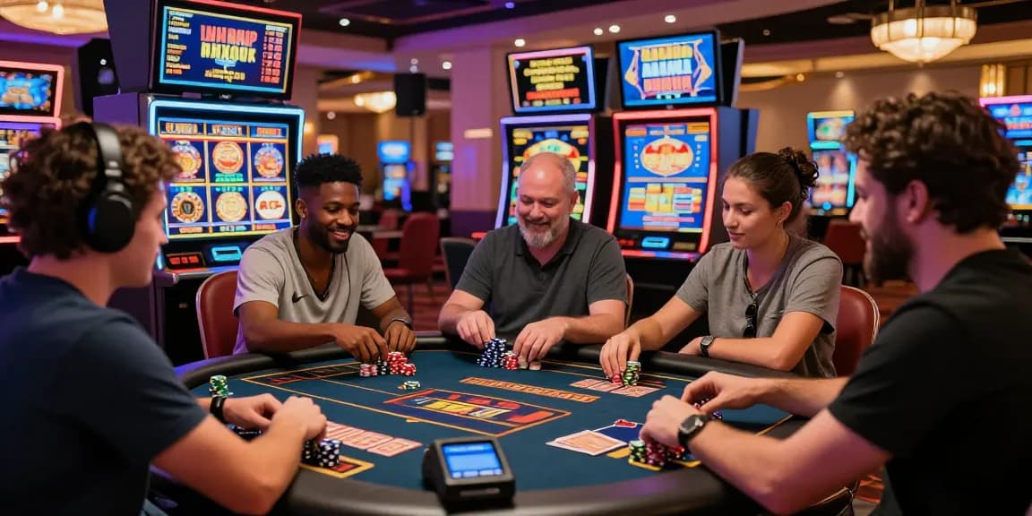 Players enjoying slots at online casinos that accept credit cards with vibrant casino atmosphere.