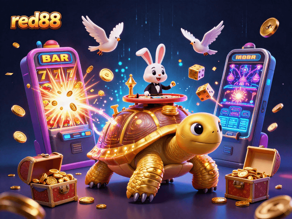 Experience the vibrant world of red88 with a lively casino scene featuring a giant tortoise and spirited gameplay.