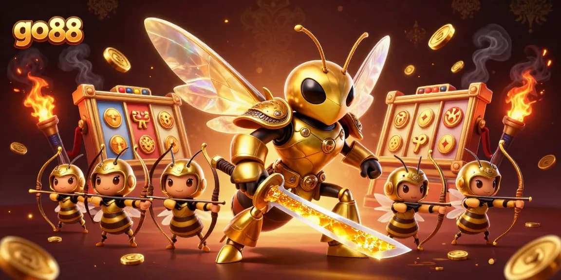 Spin luck and light at go 88 with a golden hornet and bee archers in a captivating casino scene.