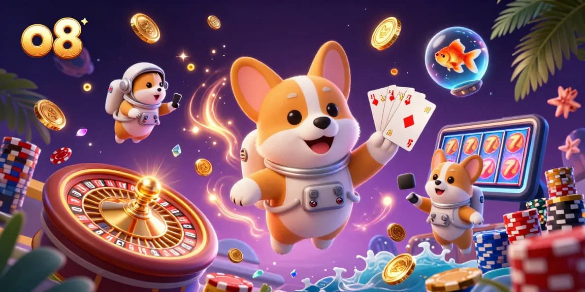 Spin the reels with o8: 3D astronaut corgi in a space casino surrounded by flying coins and chips.
