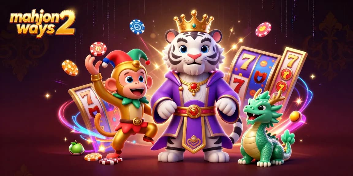 Spin the reels of Mahjong Ways 2 with a vibrant scene featuring a tiger, monkey, and jade dragon.