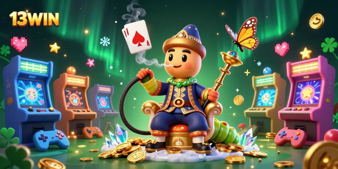 Experience excitement with 13WIN, showcasing vibrant casino elements and a whimsical scene.