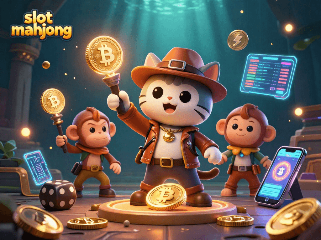 Spin to win on slot mahjong with an adventurous cat and monkey in this vibrant, dynamic scene.
