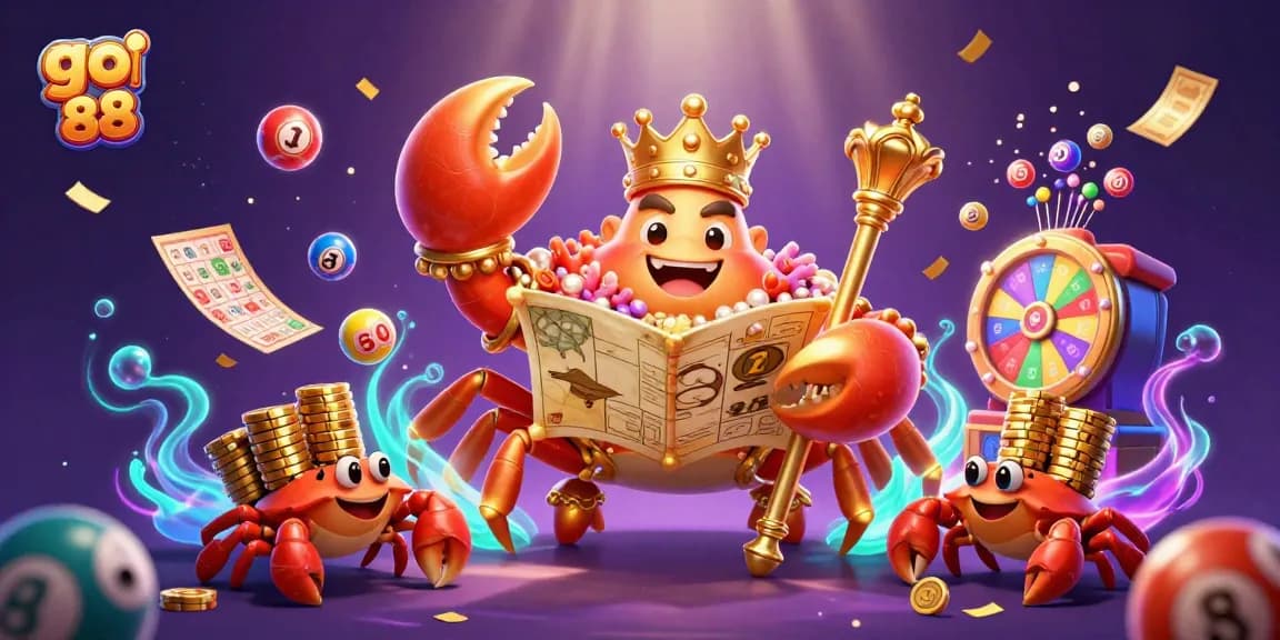 Experience the excitement of go 88 with a vibrant 3D illustration capturing a golden crab emperor surrounded by lottery elements.