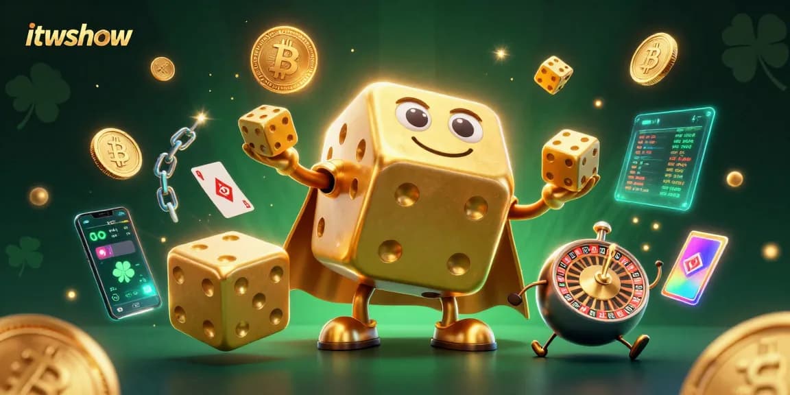 Engaging scene with "itwshow" brand featuring a golden dice golem and crypto elements, showcasing casino excitement.