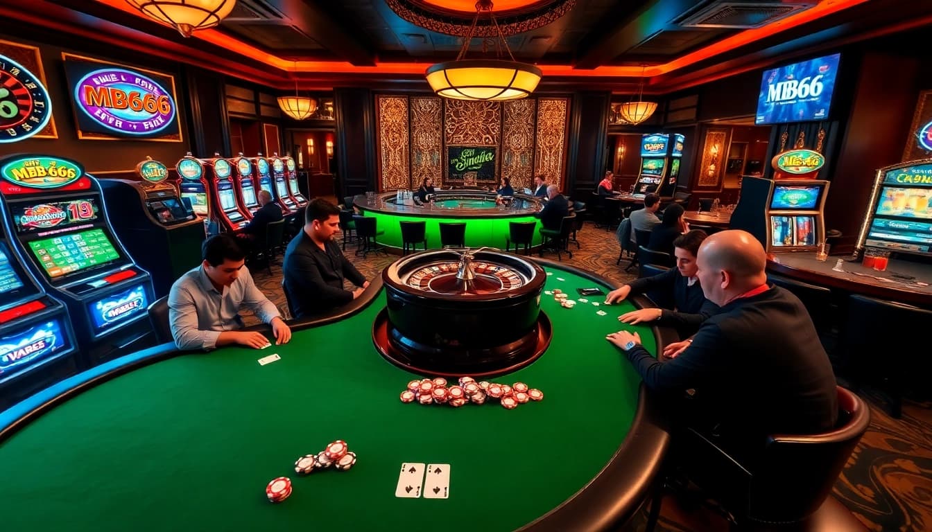Experience high-stakes poker at MB66 Casino with luxurious tables and vibrant slot machines.