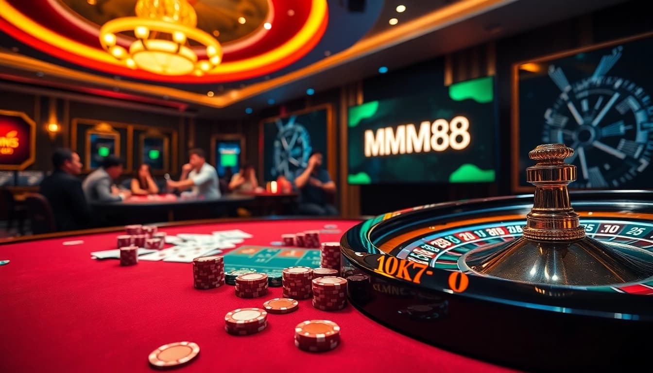 Betting on exciting games at MM88, showcasing poker chips and roulette wheels in a vibrant casino atmosphere.