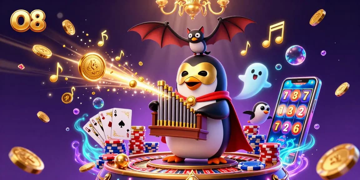 Experience the excitement of O8 with the phantom penguin amidst casino elements and sparkling coins.