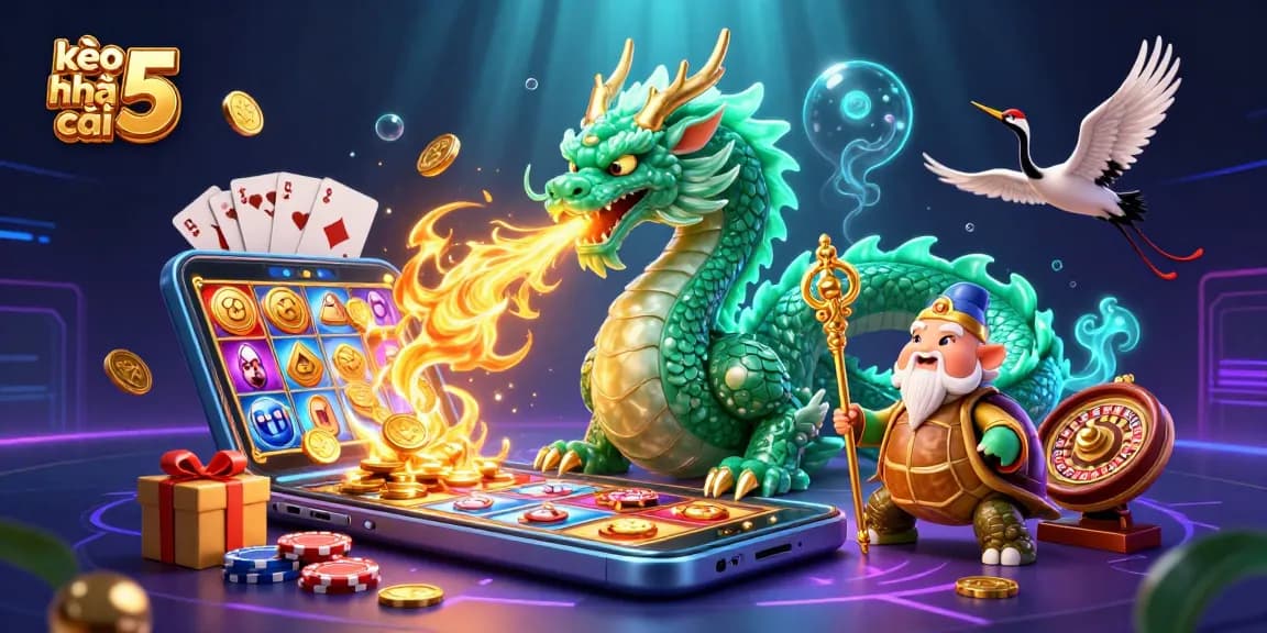 Play kèo nhà cái 5 amidst rich 3D casino elements featuring a jade dragon and lucky cranes.