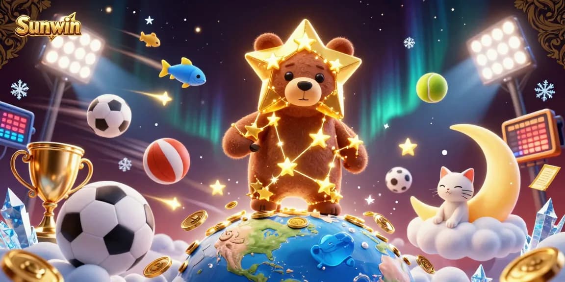 Join the fun at Sunwin as the constellation bear reaches for coins amidst a sports-themed celebration.