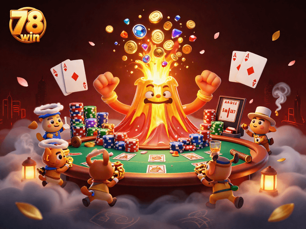 Experience thrilling action with 78 win, featuring triumphant volcano and poker elements.