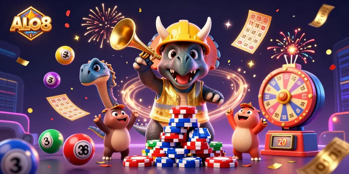Experience the excitement of ALO8 with a vibrant celebration of gambling elements in a magical scene.