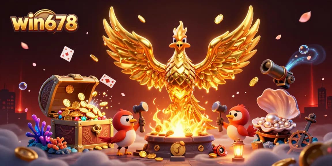 Win678 showcases a vibrant online casino with golden phoenix and treasure elements for exciting wins.