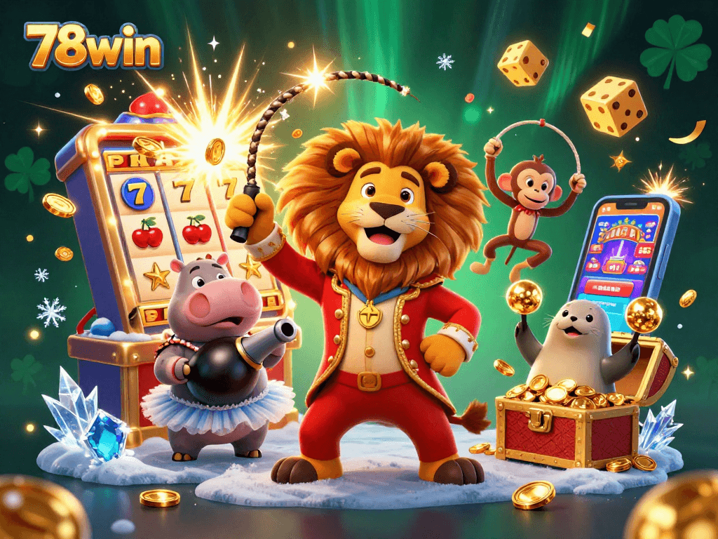Engage in thrilling gaming action with 78win's vibrant jackpot in a dynamic casino scene.