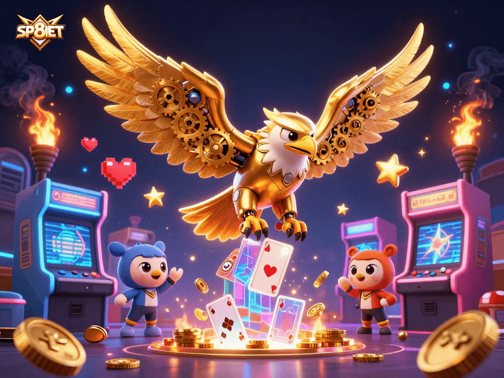 Experience the thrill of SP8BET with a cybernetic eagle amidst vibrant gaming elements.