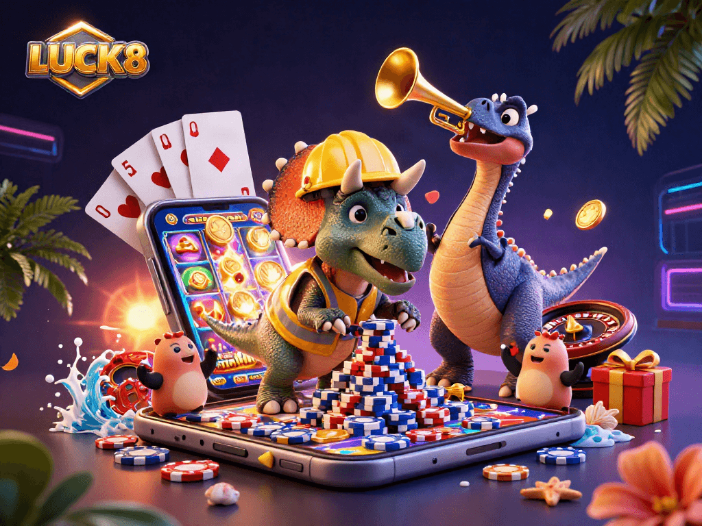 LUCK8 mang đến trải nghiệm thú vị với triceratops xây tháp chip poker và khung cảnh sôi động