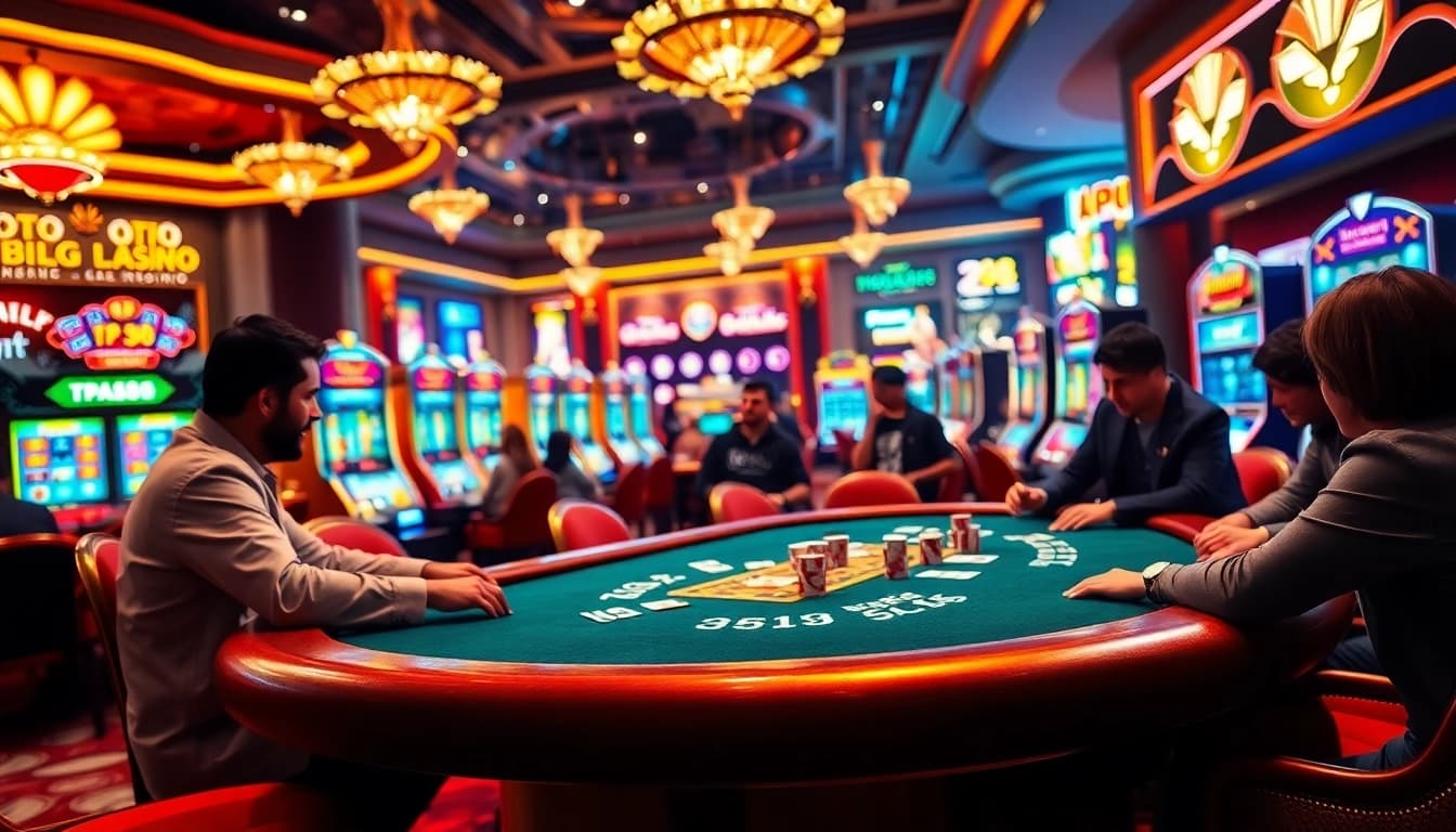 Players at a TP88 poker table celebrating a winning hand in an exciting casino environment.