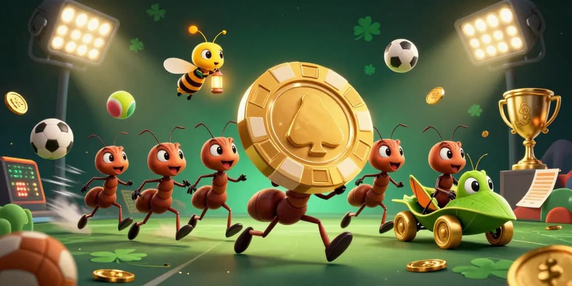 Capture go88's excitement with a team of ants stealing a massive golden poker chip amidst flying sports elements and dynamic action.
