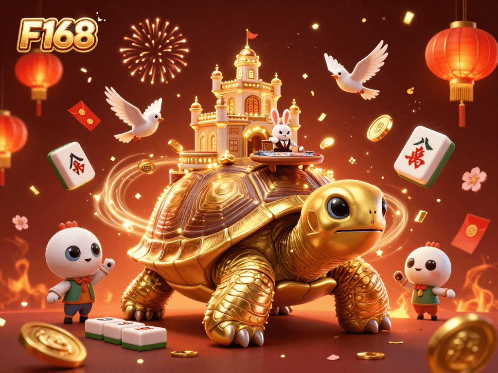 F168 captures a vibrant casino scene with a golden tortoise and rabbit dealer showcasing exciting gaming action.