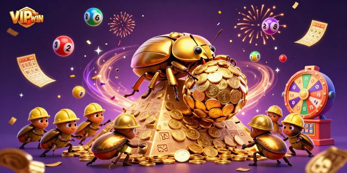 Experience VIPWIN excitement with a golden beetle and vibrant casino elements.