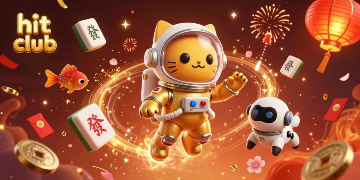 Engage in the thrill of hit club gaming with a vibrant scene of an astronaut cat and robot dog surrounded by festive casino elements.