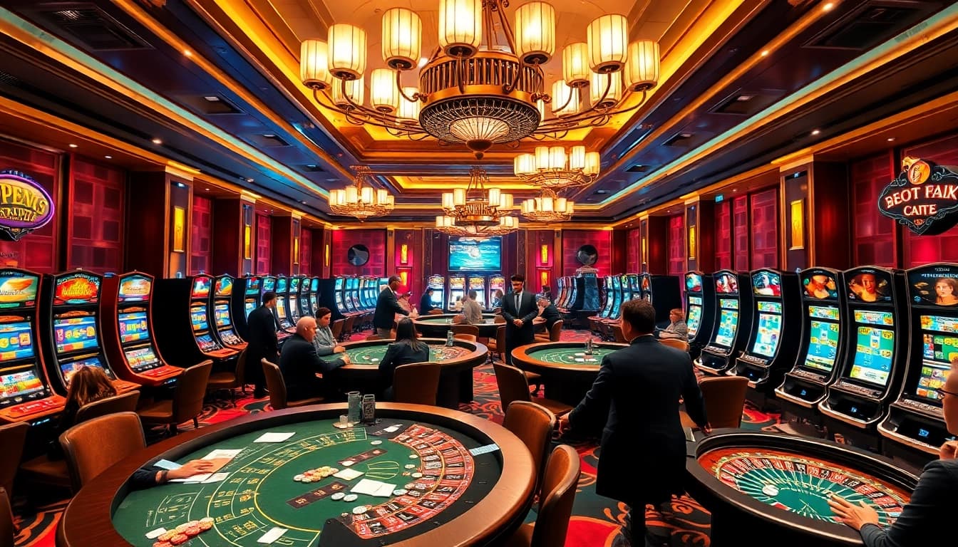 High-energy casino scene showcasing players at tables, representing nhà cái 8kbet excitement.