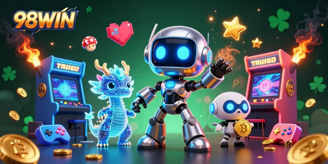 Engage with 98WIN's exciting casino games featuring a vibrant 3D illustration of robots, AI dragons, and gaming elements.