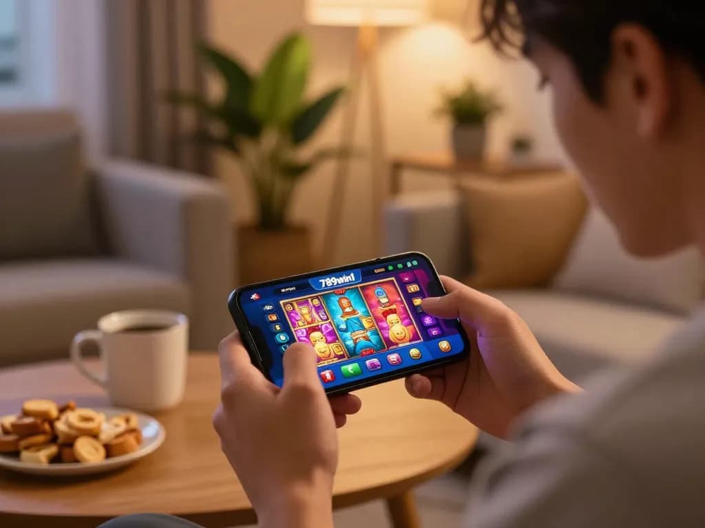 Engaging user experience with 789win1 app, showcasing exciting mobile casino games in a cozy home setting