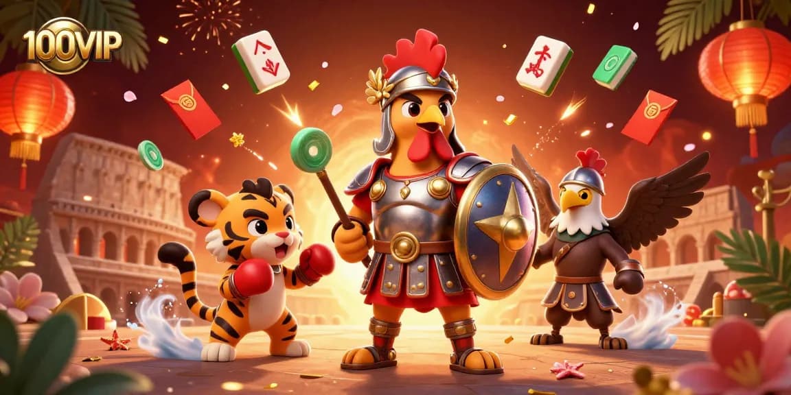Experience the thrill of 100VIP with a lively scene combining cartoon characters and gaming elements.