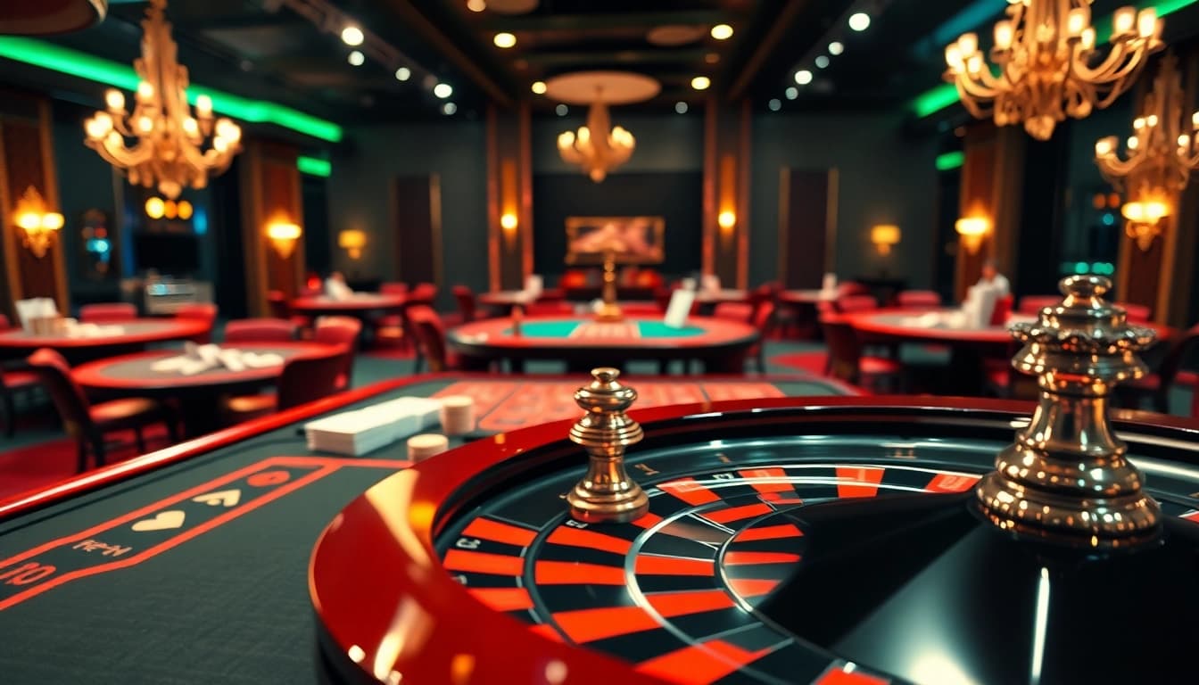 Engaging casino scene featuring rr99 gambling tables and chips in an elegant setting