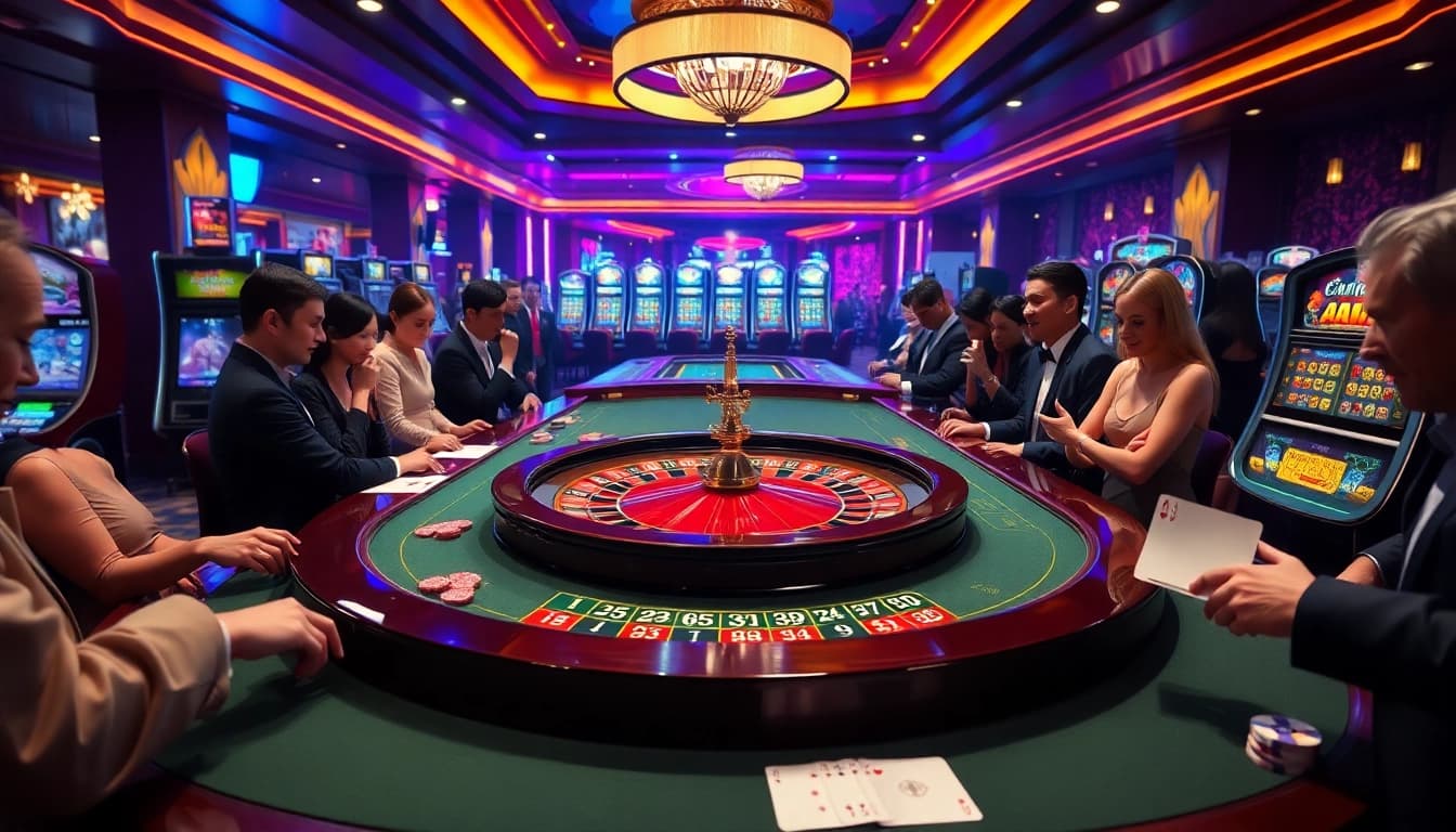 Players enjoying a thrilling game at the 68VIP luxury casino, featuring roulette and high-end slot machines.
