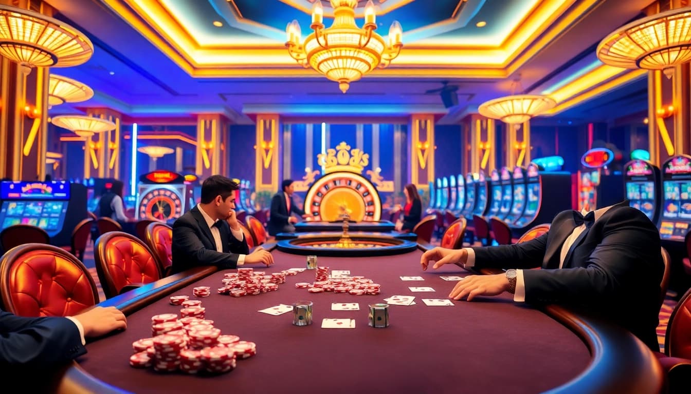 Players engaging at a high-stakes poker table in a vibrant setting, showcasing the tg88 group luxury experience.