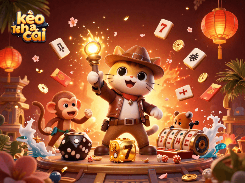 Engage with exciting kèo nhà cái themes in a vibrant 3D casino graphic featuring unique artifacts and characters.