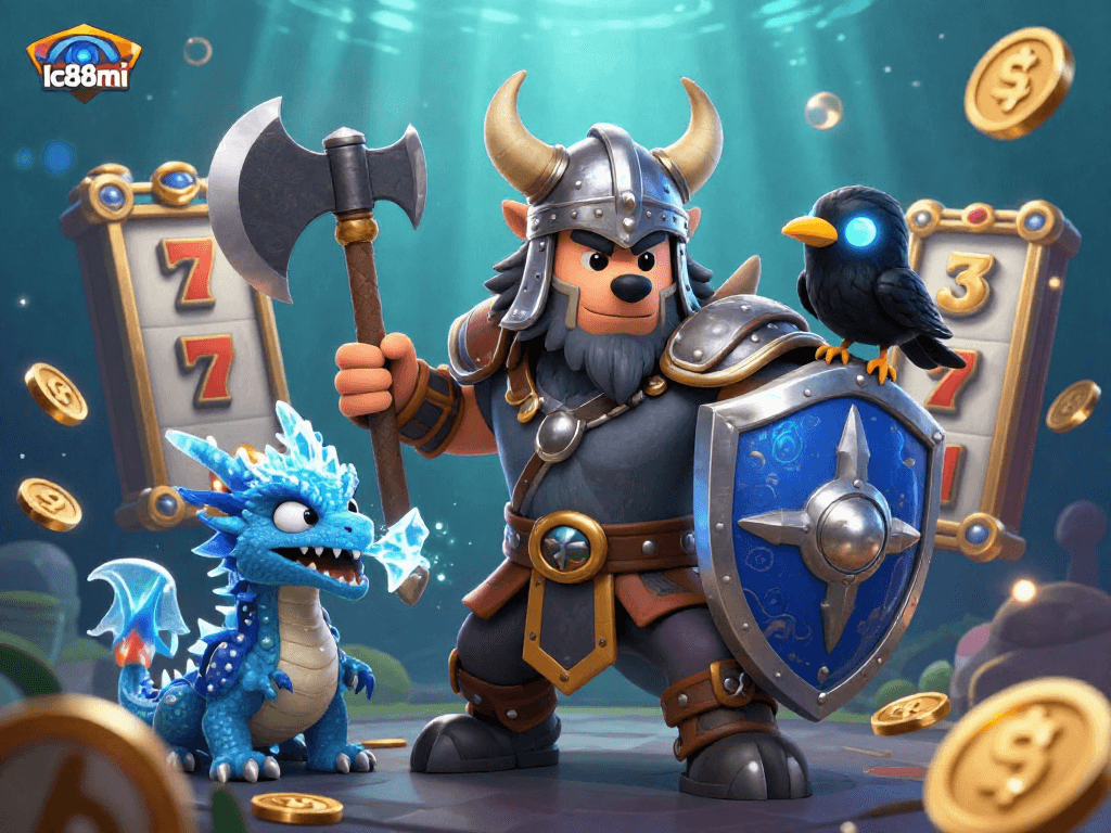 Experience exciting slots gameplay at lc88mi with an illustration of a Viking warrior and a dragon.