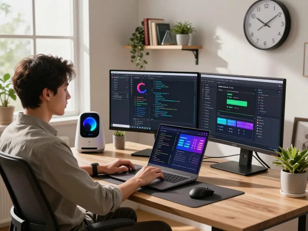 Moltbot personal AI assistant in an innovative tech workspace managing tasks actively on dual monitors.