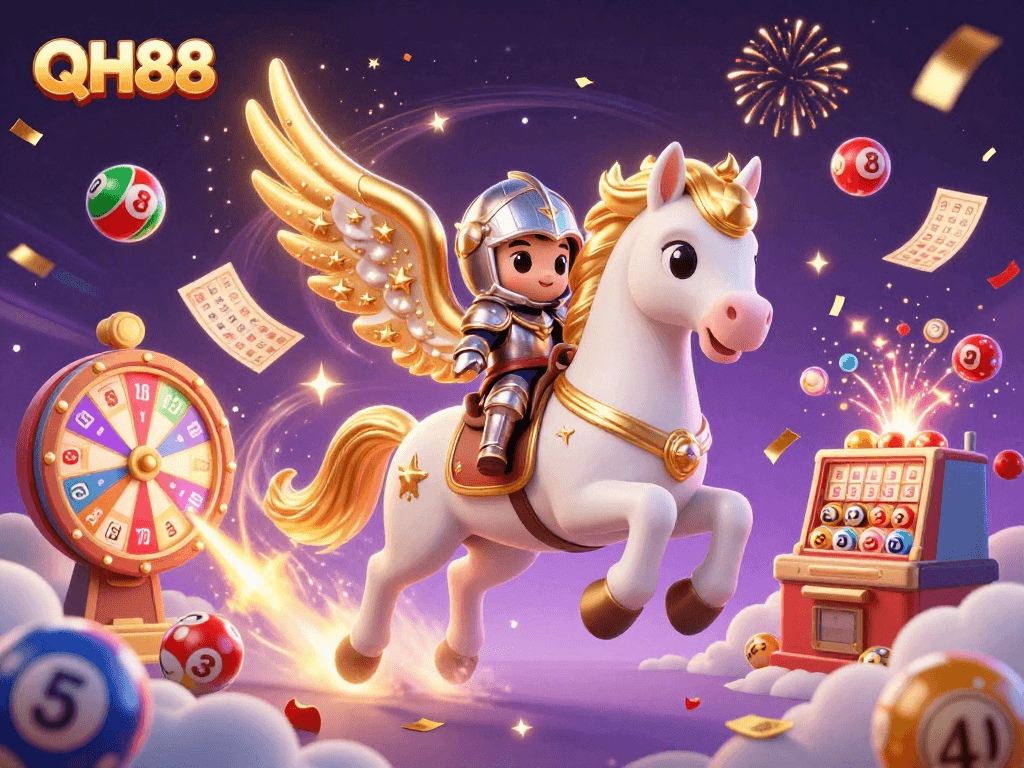 Engage with the thrilling world of QH88 as the celestial horse races through colorful lottery balls and vibrant casino elements.