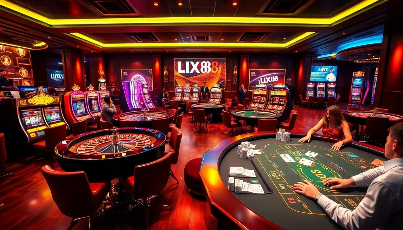 LIXI88 players enjoying an exciting game at a modern online casino with vibrant roulette and poker tables.
