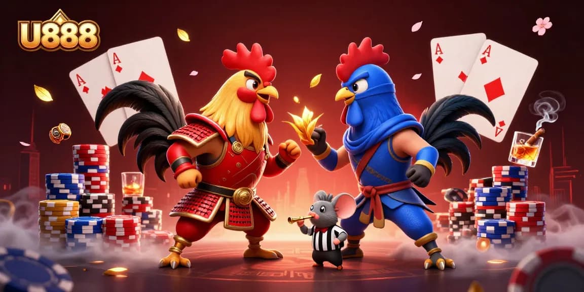 Join in the thrilling standoff of U888, where cartoon roosters and poker elements collide!