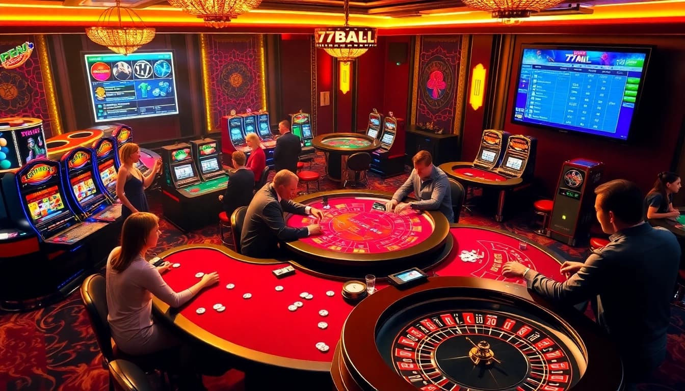 Experience the thrill of gambling at 77BALL with vibrant casino tables and excited players.
