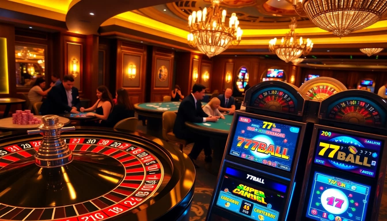 Experience the thrill of 77BALL gaming with vibrant slot machines and casino tables.