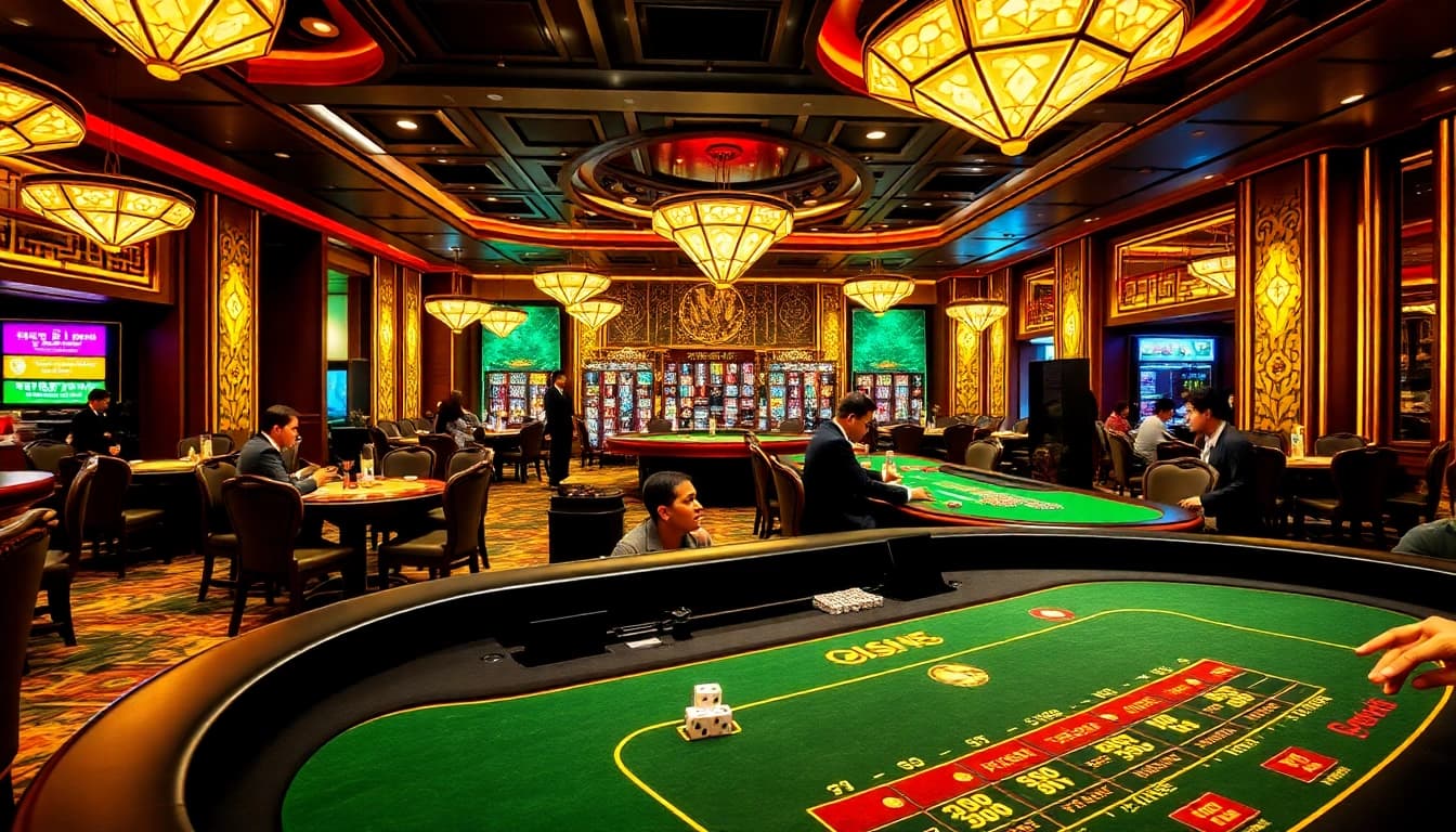Tài Xỉu MD5 table with vibrant casino atmosphere featuring excited players placing bets and rolling dice.
