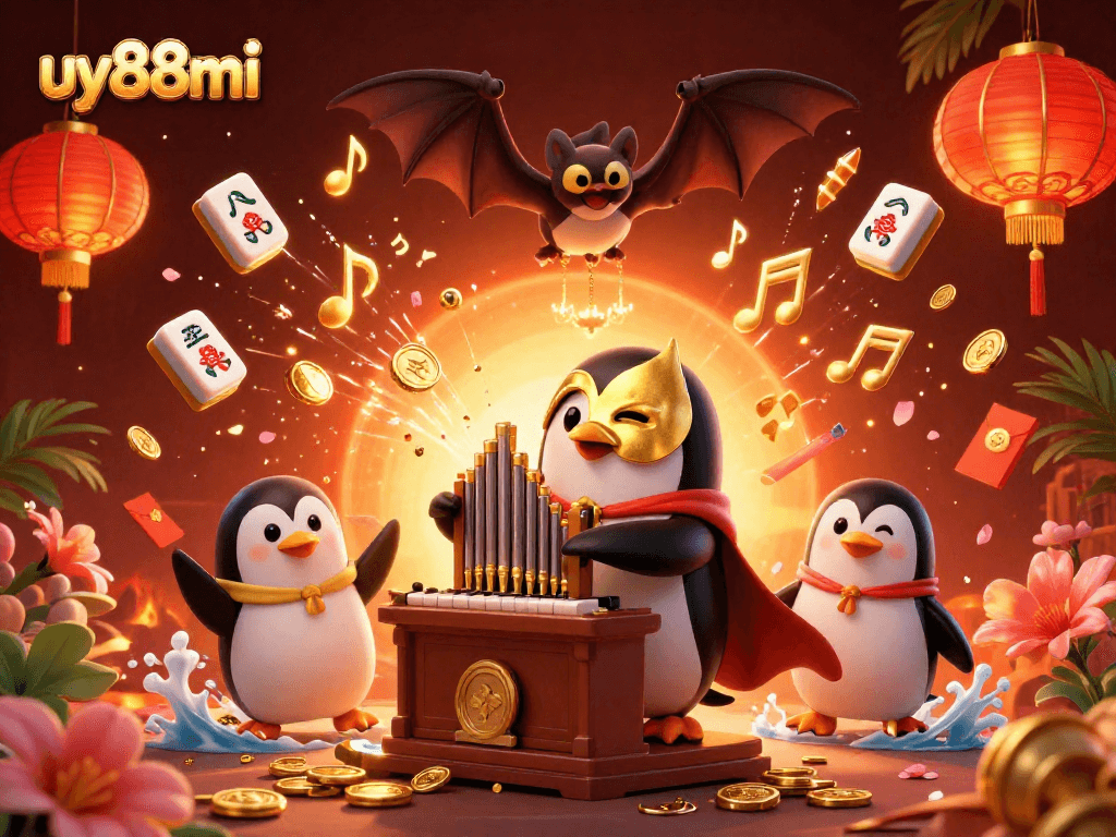 Play and win exciting games at uy88mi with a charming penguin showcasing golden coins.