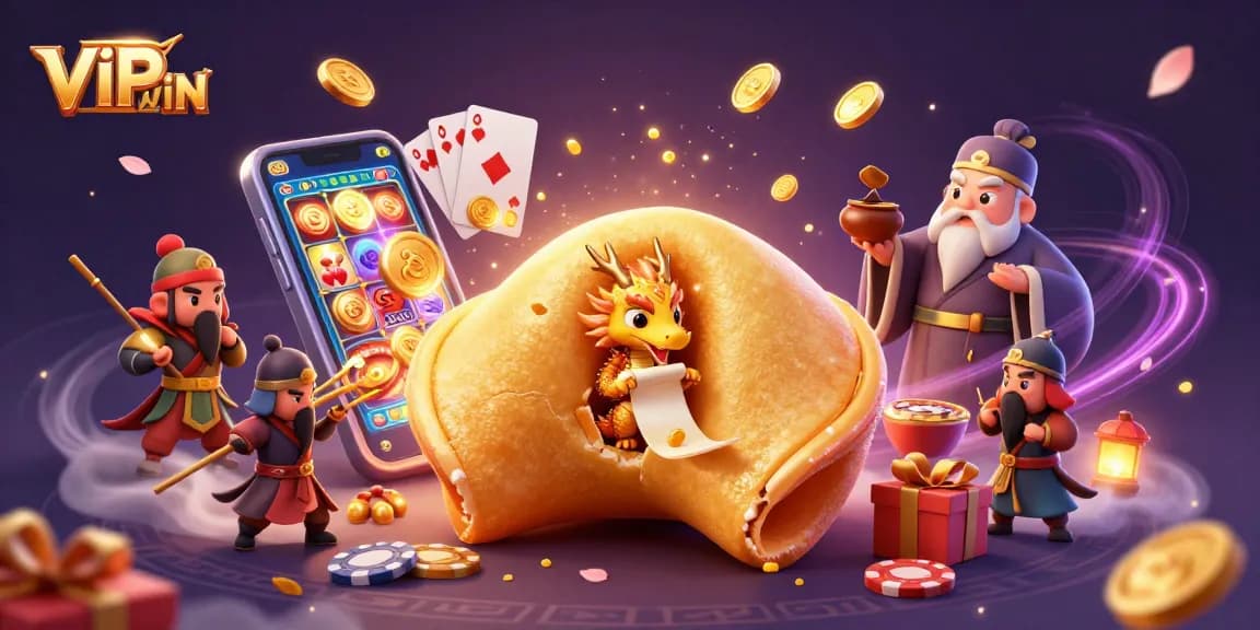 Experience VIPWIN's thrilling casino adventures with a wise dragon and magical fortune cookie scene.