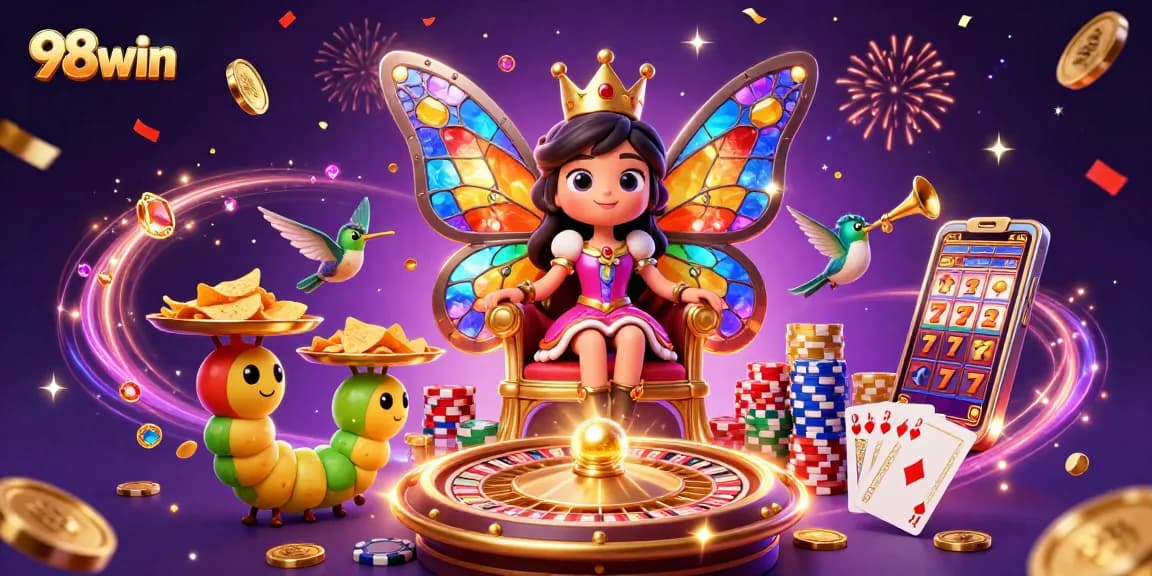 Engage in thrilling gaming action with 98win, featuring vibrant illustrations of casino elements and characters.